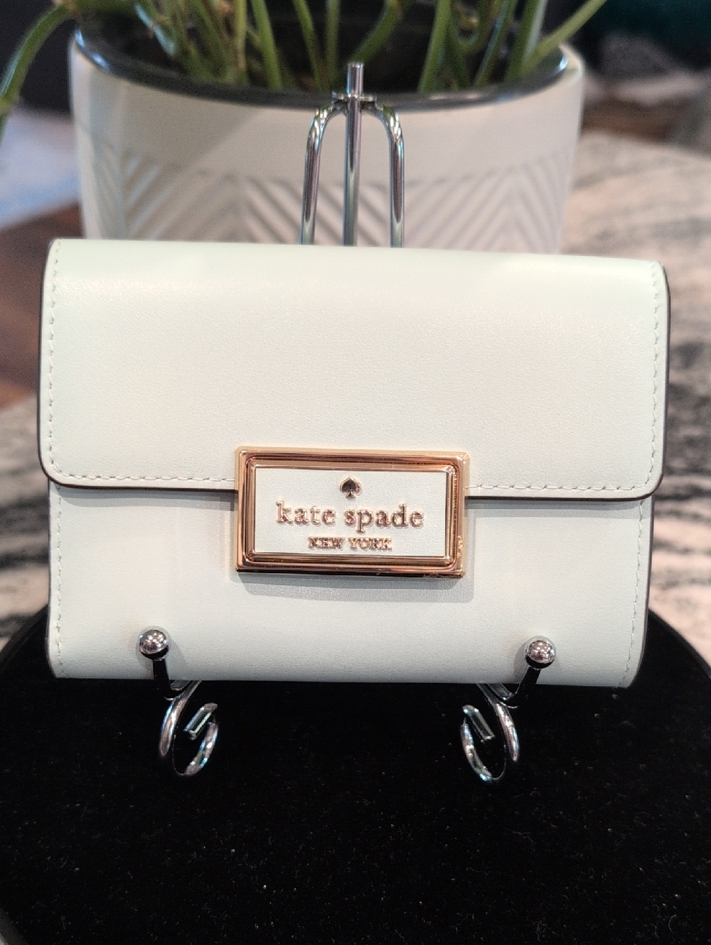 kate spade Mint Green Leather Compact Wallet with Gold Plaque